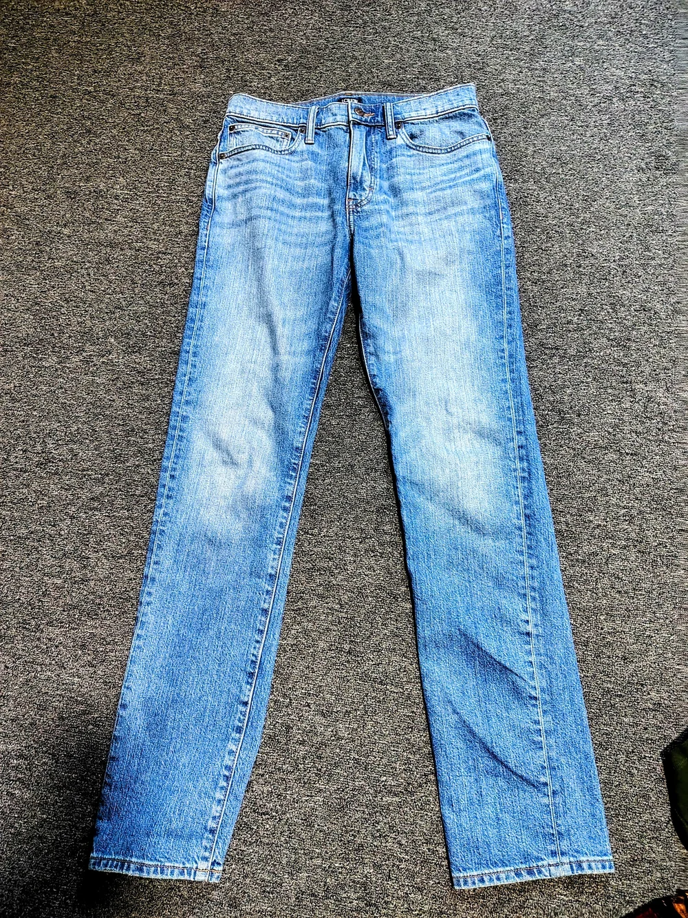 J. Crew Men's Medium Blue Denim Jeans with Contrast Gold Stitching